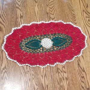 New Hand Crafted Pineapple Oval Doily, Red, Green, & White  25 1/2" x 15"